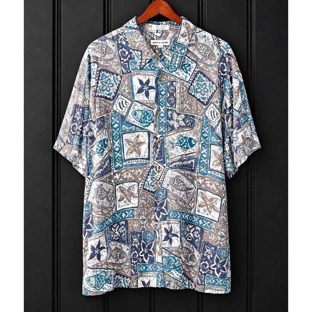 Pierre Cardin Men's L Blue Gray White Geometric Rayon Short Sleeve Button-Up